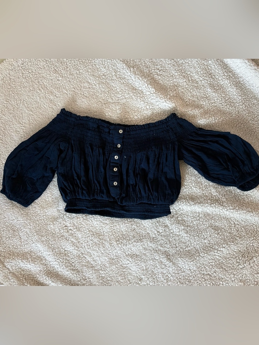 Off-Shoulder Navy Button-Front Crop Top